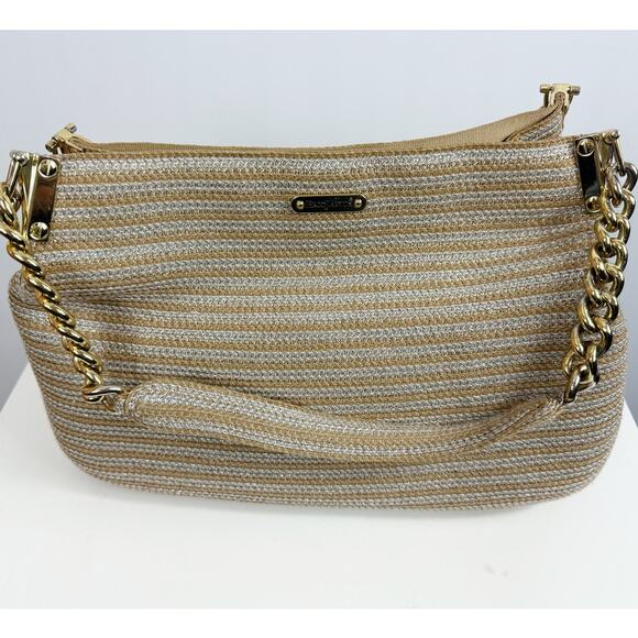 Eric Javits NY Womens Metallic Raffia Double Chain-Link Strap Purse Gold Silver - Picture 1 of 12